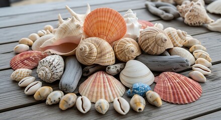 Assortment of Seashells on Weathered Wooden Surface - A Coastal Collection.