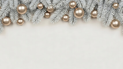 Festive Christmas garland with frosted fir branches and golden baubles on a neutral background