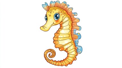 Cute cartoon seahorse, isolated on white background, for children's book illustrations