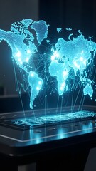 Obraz premium Futuristic holographic world map projection on digital tablet, representing global connectivity and technological innovation. High-tech concept with data visualization. 