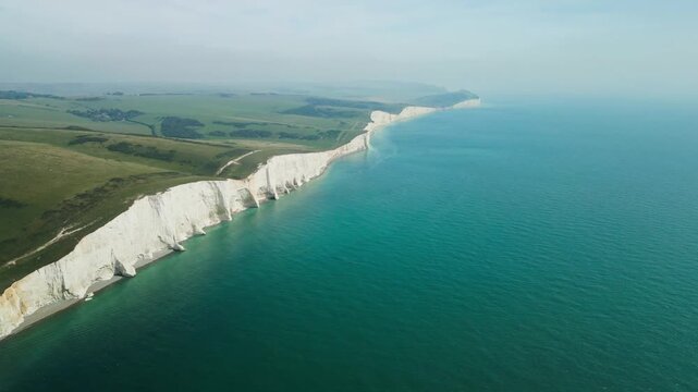 Aerial view over the famous white cliffs of The Seven Sisters Dover, south England.