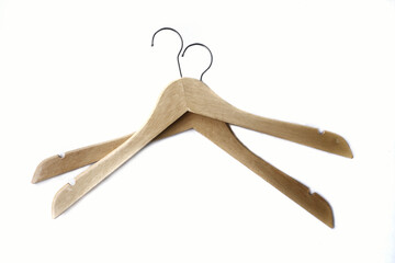 Two Wooden Clothes Hangers on White Background