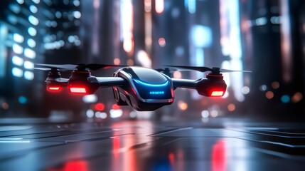 Futuristic police drone patrolling smart city at night with glowing red and blue lights