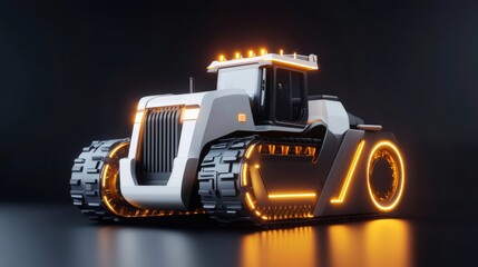 Futuristic autonomous tractor illuminating dark studio setting, showcasing innovation in agriculture