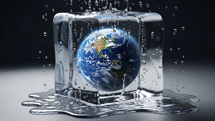 Globe of earth isolated on transparent background trapped inside a melting ice cube