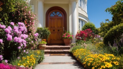 Fototapeta premium A front door of a charming home with a welcome mat, bright flowers, and a clear blue sky above.
