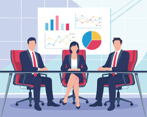 Fototapeta premium Team Collaboration Discussion in Conference Room with Charts and Graphs on Screen Flat Vector