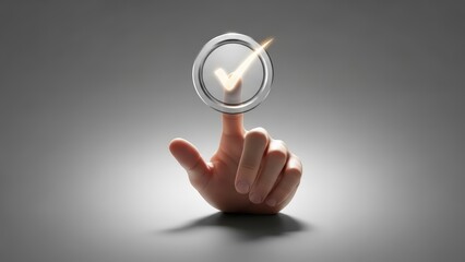 Realistic, digitally rendered human hand with smooth skin texture is depicted gently pressing down on a glowing, circular checkmark icon with a metallic silver frame and a warm, golden inner glow,