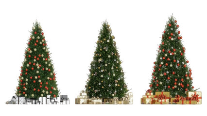 A collection of three beautifully decorated christmas trees with various gifts at their base