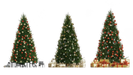 A collection of three beautifully decorated christmas trees with various gifts at their base