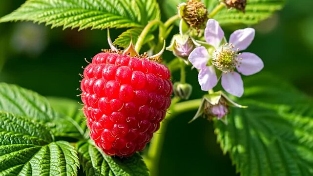 Close-up of a ripe raspberry with delicate flowers and green leaves.