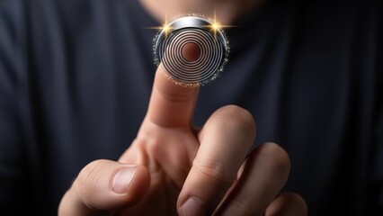 A futuristic, circular digital interface with concentric rings and a glowing core, rendered in a sleek metallic style, is being gently touched by a human finger wearing a subtle manicure, illuminated