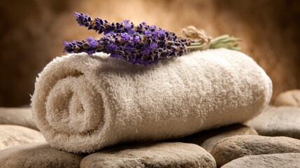Rolled towel with lavender sprig on a stone for spa treatment
