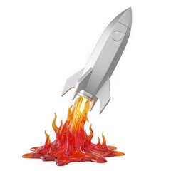 Futuristic space rocket launching skyward with fiery red and orange flames blasting off