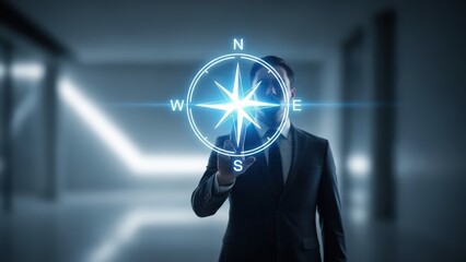 A sharply dressed businessman in a dark suit confidently interacts with a vibrant, glowing blue holographic compass rose overlayed on a grid pattern, his hand outstretched as if navigating or
