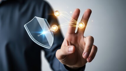 Sleek, futuristic digital shield with glowing blue core and transparent glass-like material, dynamically floats above a businessman’s hand as he interacts with interconnected golden data points,