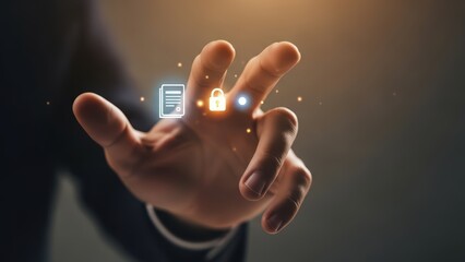 A slightly blurred, close-up view of a human hand with tanned skin gently extending a fingertip towards a glowing, futuristic digital interface displaying a document icon with a padlock, illuminated
