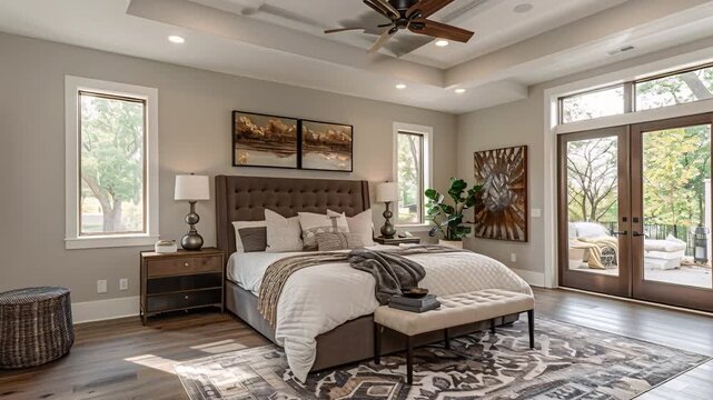 A spacious bedroom features a large bed with decorative pillows. Two lamps sit on side tables. Windows allow for natural light. An outdoor seating area is visible through glass doors