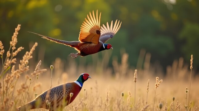 Two ringneck pheasants in a field one taking flight