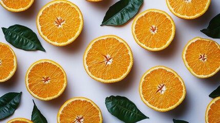 Multiple orange slices scattered arrangement, fresh healthy food material on white background, for fresh produce, catering promotion and healthy diet content