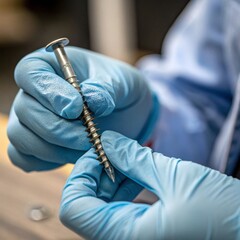 Precision craftsmanship gloved hands holding tiny screw in workshop shallow depth of field macro photography