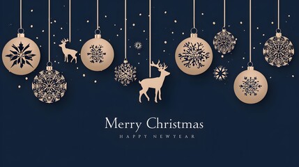 Navy backdrop, sketchy hanging ornaments, snowflakes & deer silhouettes, pastel negative space for “Merry Christmas Happy New Year,” clean vector isolation, soft minimalist charm.