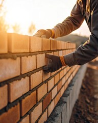 Hands placing final brick on wall at sunset photorealistic image of completion in warm sunlight