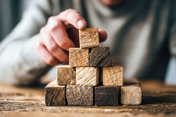 A hand stacking wooden blocks into a pyramid shape on a table, illustrating creativity and focus in play or construction.