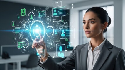 A sophisticated young businesswoman in a tailored gray suit confidently interacts with a vibrant, futuristic holographic user interface displaying interconnected network nodes and stylized profile