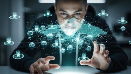 A focused businessman in a dark suit intently interacts with a futuristic, glowing teal holographic projection of a world map composed of interconnected nodes and lines, surrounded by circular