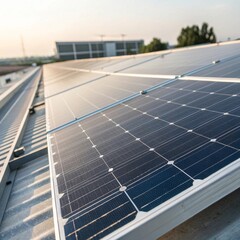Clean energy action solar cells reflecting daylight on industrial rooftops optimizing renewable energy production