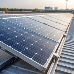 Solar cells reflecting daylight on industrial rooftop clean energy technology urban environment aerial view
