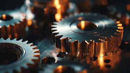 Cinematic macro shot of gears and metal parts symbolizing teamwork and innovation under warm light