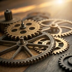 Intricate gears and metal parts under warm light symbolizing teamwork and innovation macro shot industrial setting close-up perspective
