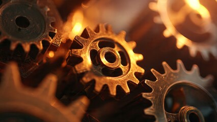 Gears in motion a macro shot of metal parts symbolizing teamwork and innovation under warm light