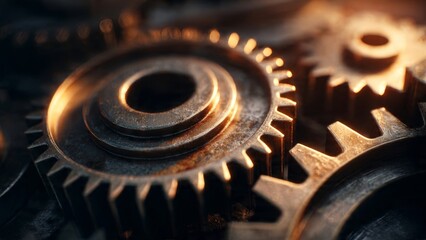 Innovative gears and metal parts industrial workshop macro photography warm lighting close-up view symbolizing teamwork