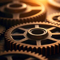Macro shot of gears and metal parts symbolizing teamwork and innovation under warm light industry environment cinematic viewpoint