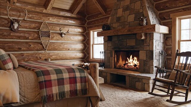 Cozy rustic log cabin bedroom with a stone fireplace, plaid quilt deer mounts, warm glow and embers