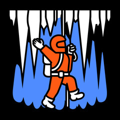 Orange ice climber on blue glacier with icicles ice climbing