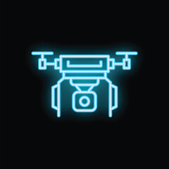 Blue neon icon of a drone recording with camera on black background