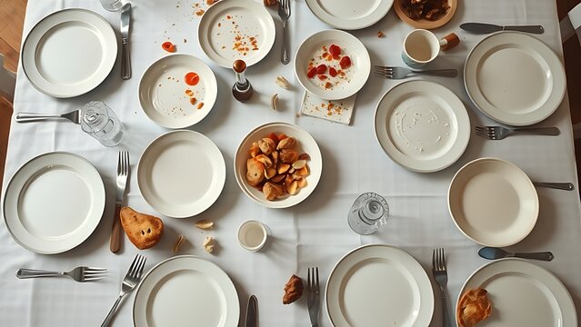 limau. Overhead view of a banquet table with empty plates and food remnants. menu design, packaging mockups, designed for culinary blogs and recipe cards for restaurants, used by ngo communicators.