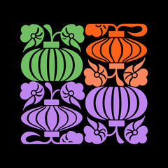 Pastel lanterns and floral motifs on black background