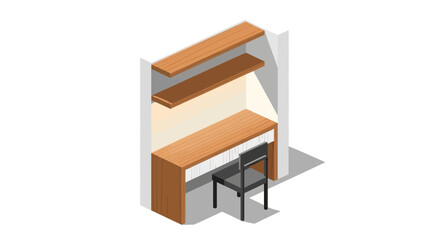 Modern isometric study desk setup with shelves and chair on white background
