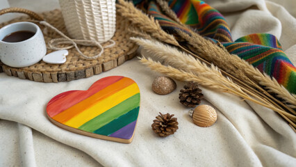 Lgbtq Romantic Theme. Colorful heart shaped decoration with rainbow stripes, surrounded by natural elements, evokes warmth and love