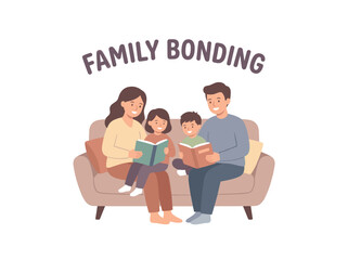 Family Reading Together on Sofa Illustration.
