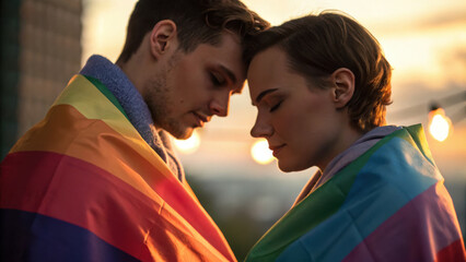 Lgbtq Romantic Theme. LGBTQ couple embracing under sunset, wrapped in rainbow flag, expressing love and connection in romantic setting