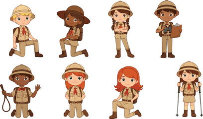 Cute explorer children character illustration set with safari outfits and adventure poses, cartoon vector collection for education, travel, camping and kids design © MdAbdul