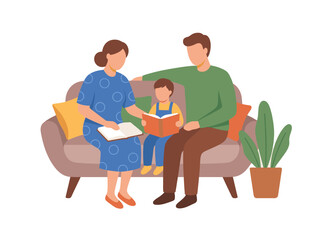 Family Reading Together on Sofa.