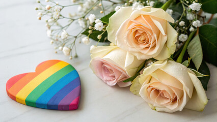 Lgbtq Romantic Theme. Beautiful roses and rainbow heart symbolize love and inclusivity, creating romantic atmosphere