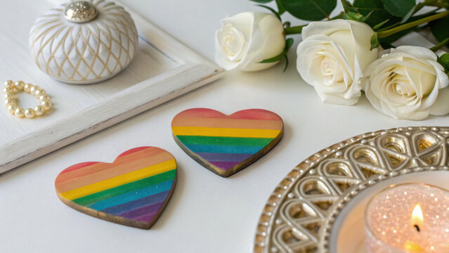 Lgbtq Romantic Theme. Colorful hearts symbolize love and acceptance, surrounded by elegant decor and white roses, creating romantic atmosphere - Powered by Adobe